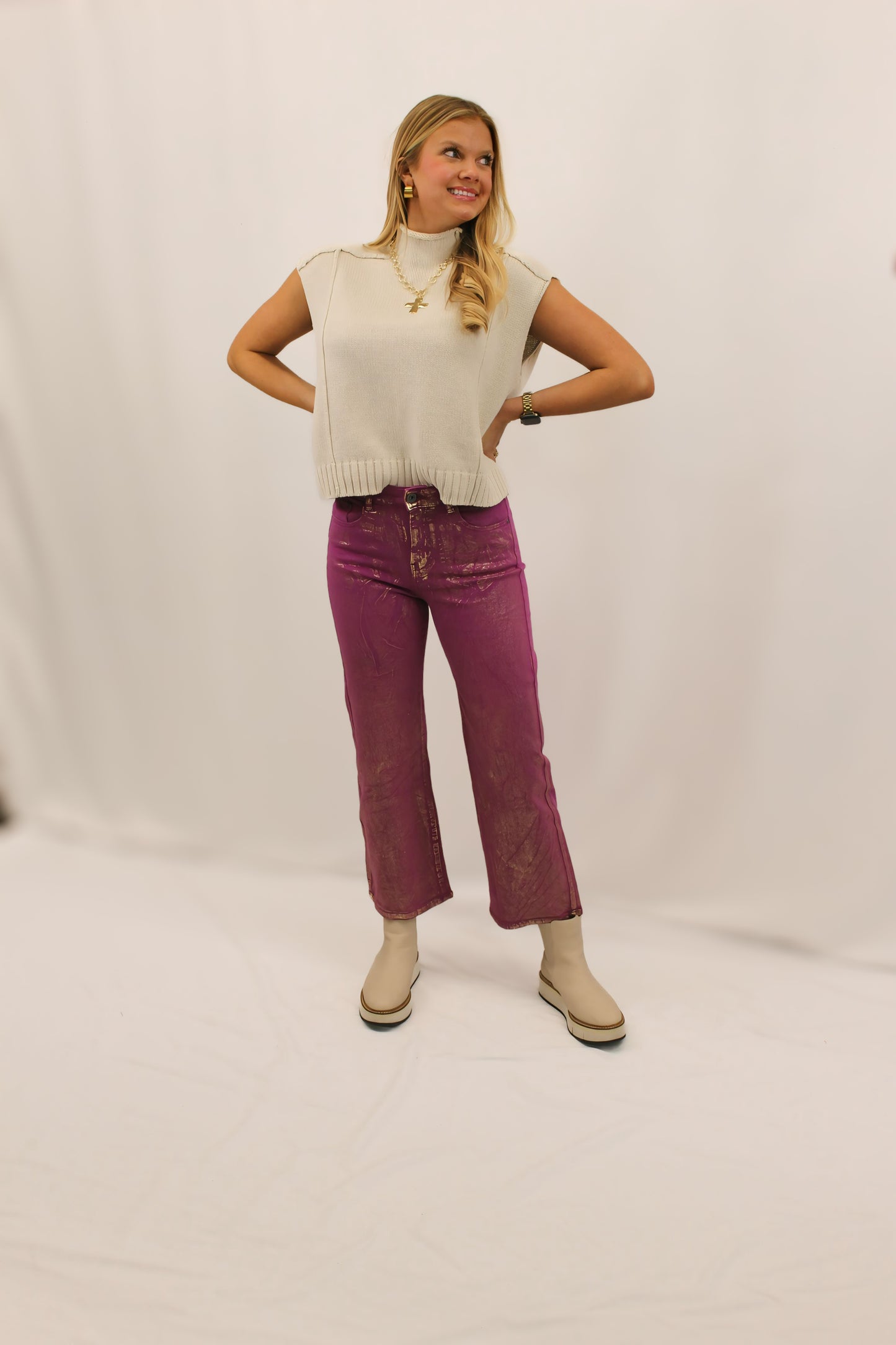 Violet Metallic Straight-Leg Jeans