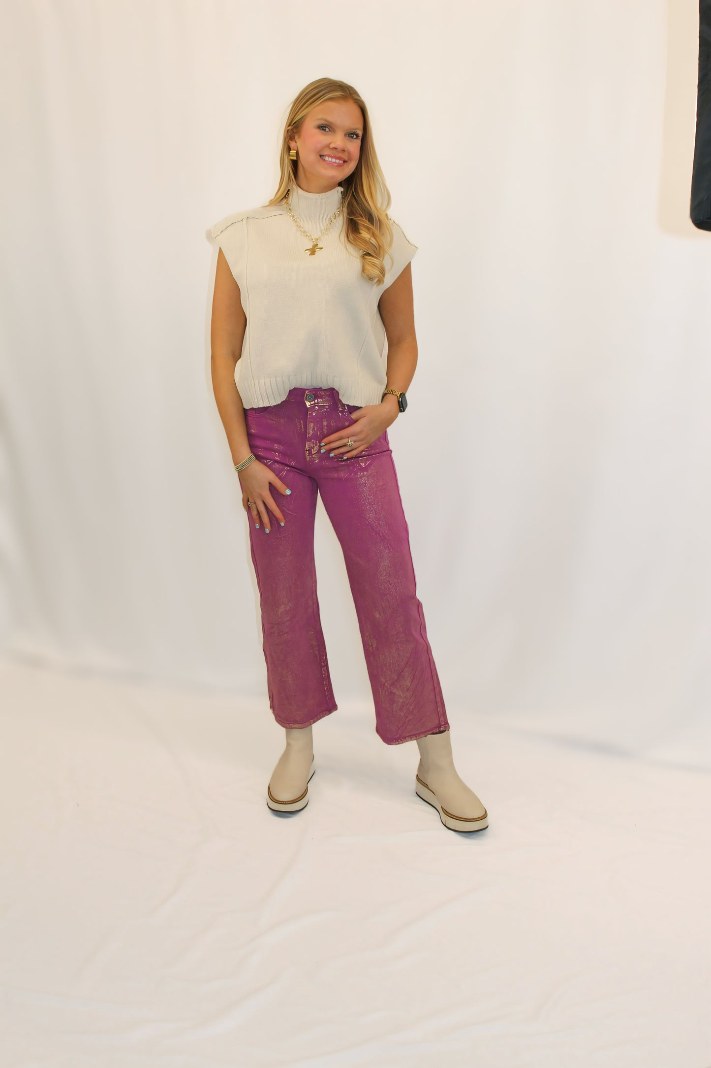 Violet Metallic Straight-Leg Jeans