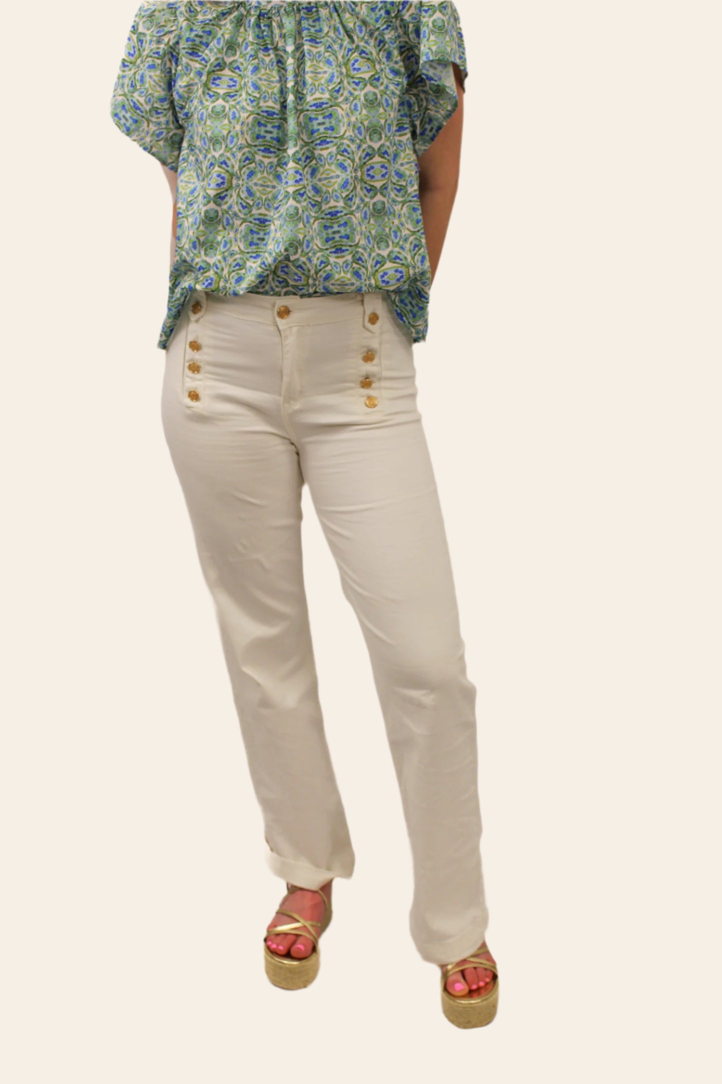 Sarah Beth Straight Jeans with Gold Button Detail