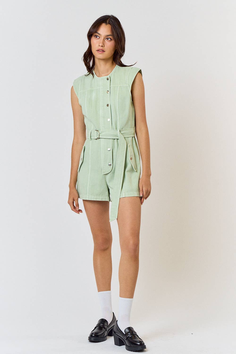 BELTED CAP SLEEVE BUTTON UP ROMPER