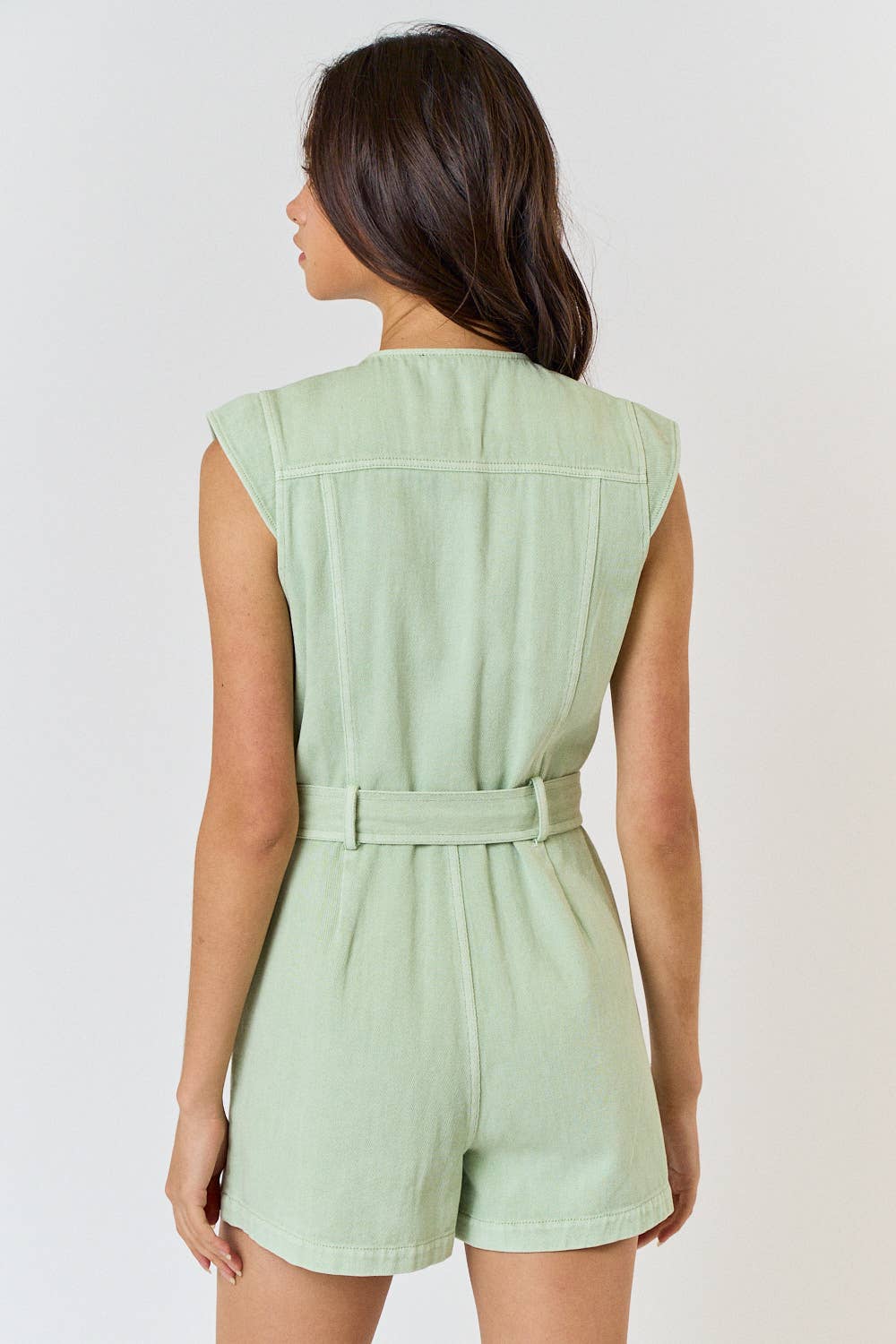 BELTED CAP SLEEVE BUTTON UP ROMPER