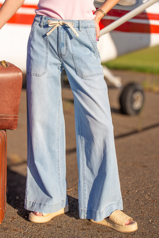 Corwin Wide-Leg Denim Pants with Drawstring Waist