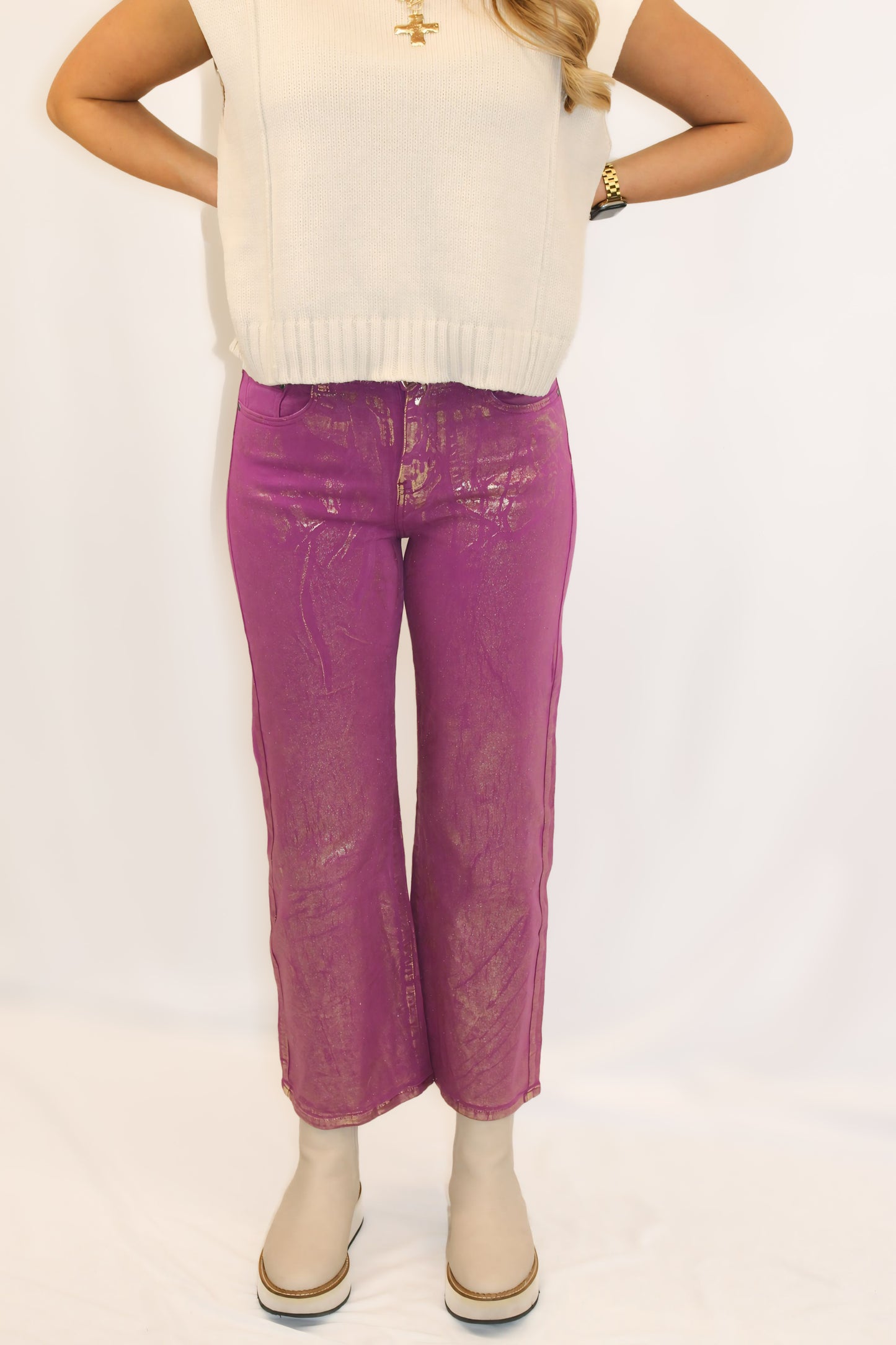 Violet Metallic Straight-Leg Jeans