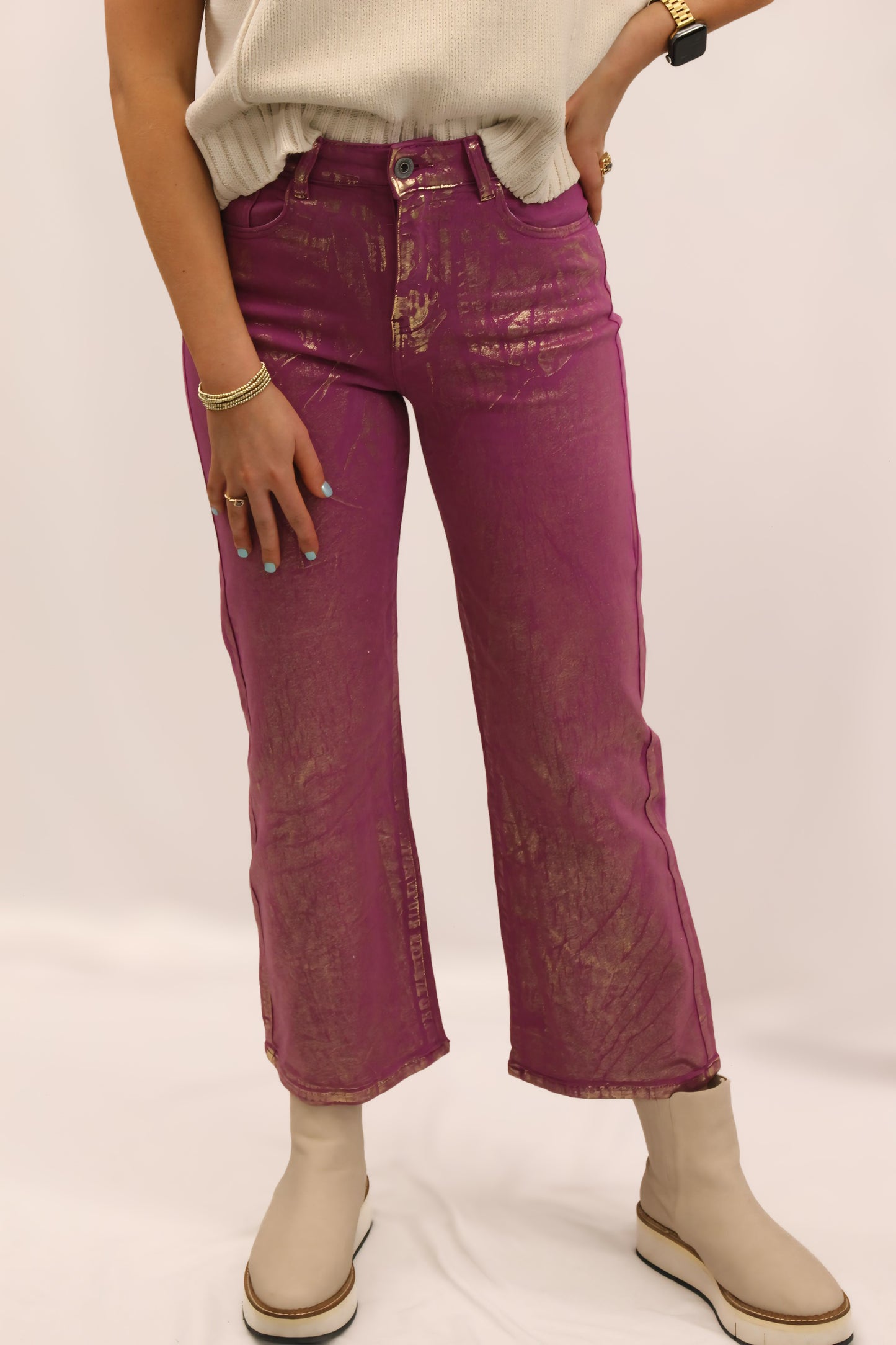 Violet Metallic Straight-Leg Jeans