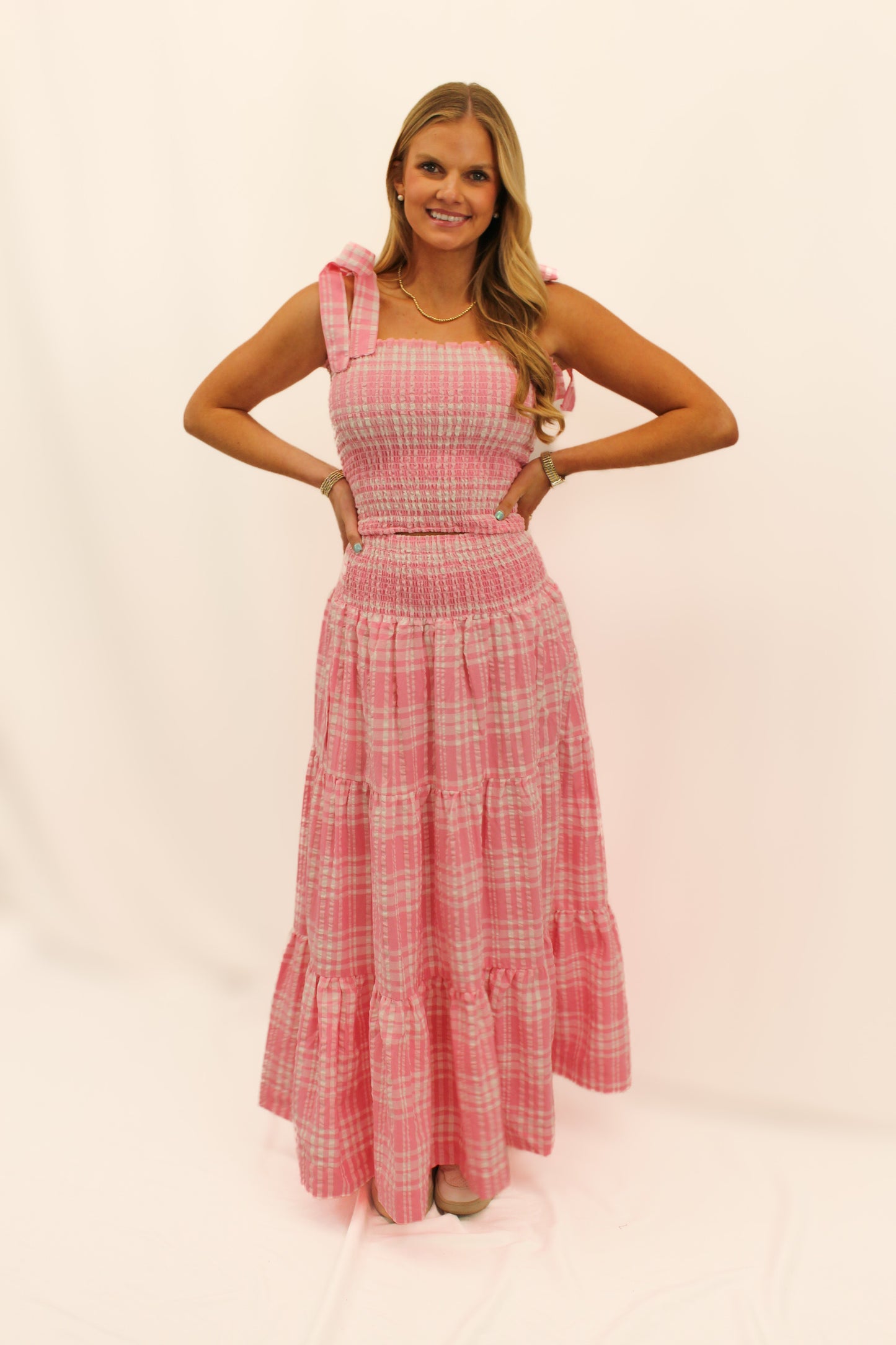 Aracely Pink Gingham Skirt Set