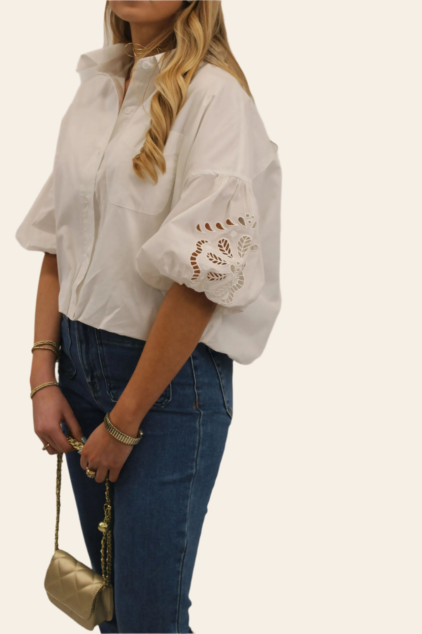 Harper Eyelet Collared Button Top