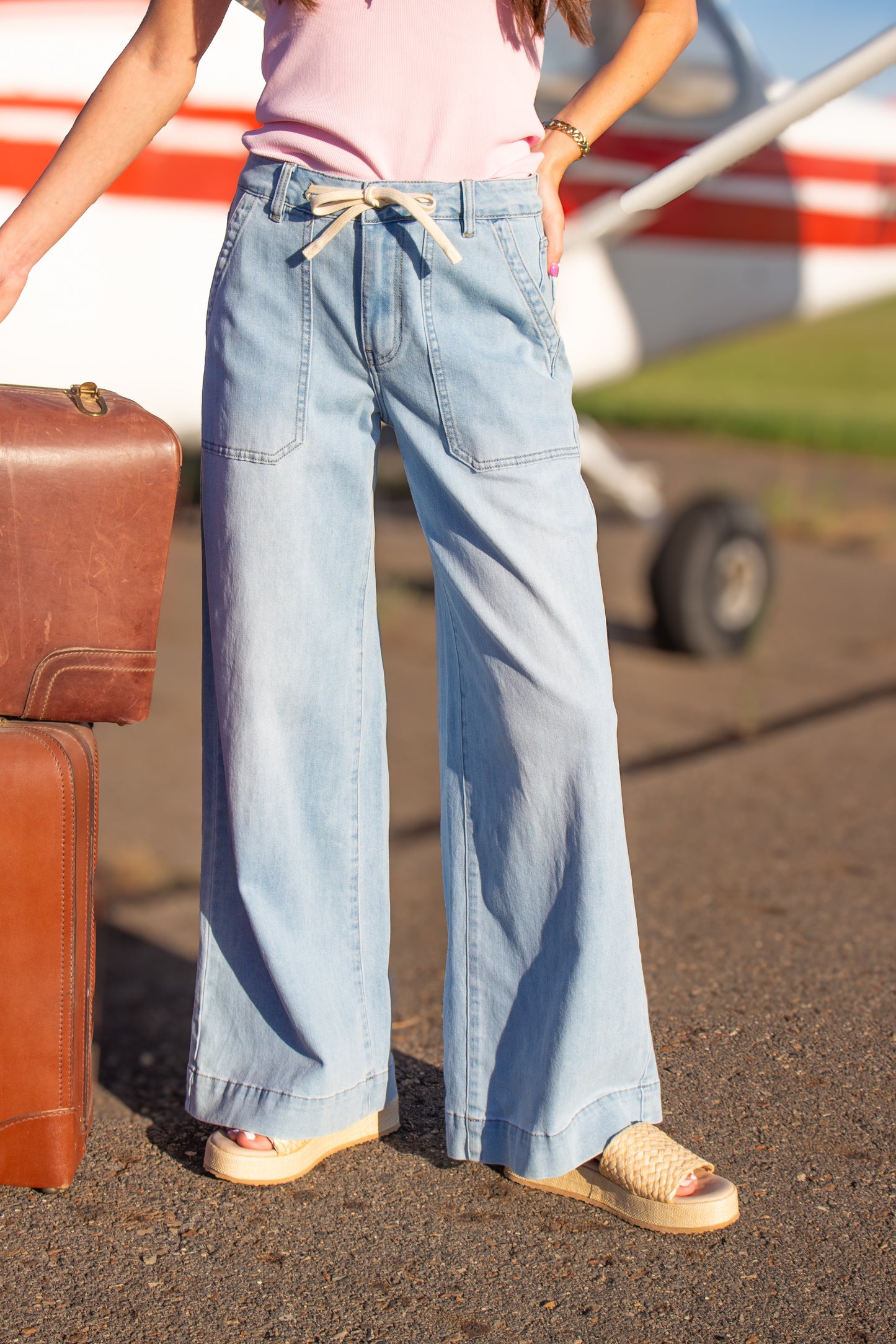 Corwin Wide-Leg Denim Pants with Drawstring Waist