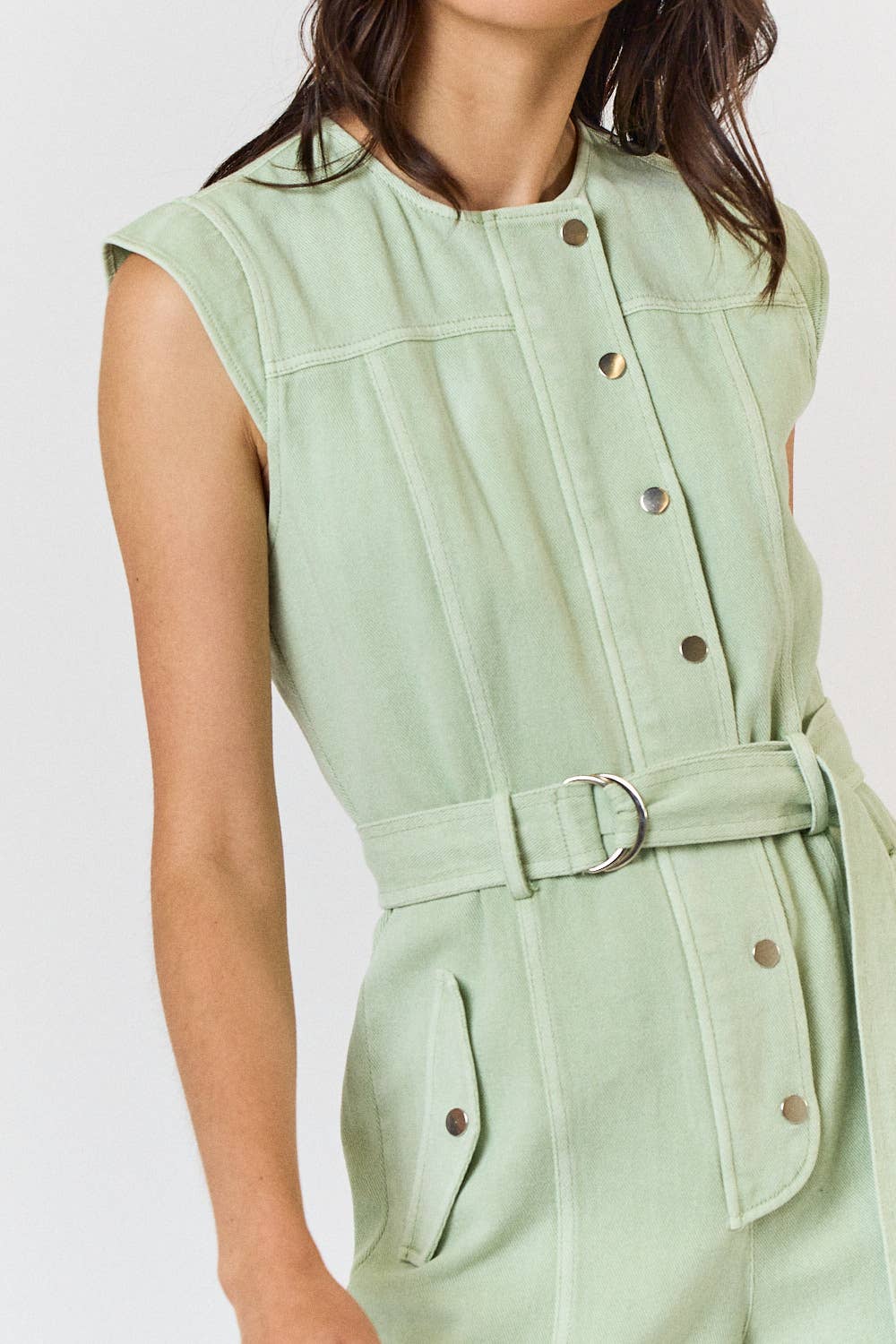 BELTED CAP SLEEVE BUTTON UP ROMPER