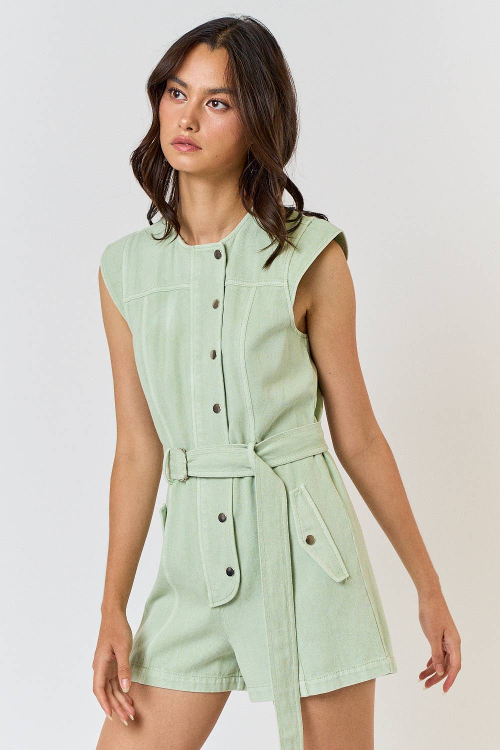 BELTED CAP SLEEVE BUTTON UP ROMPER