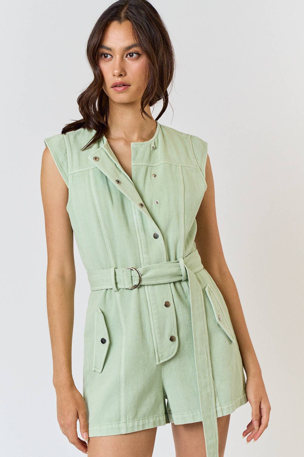 BELTED CAP SLEEVE BUTTON UP ROMPER