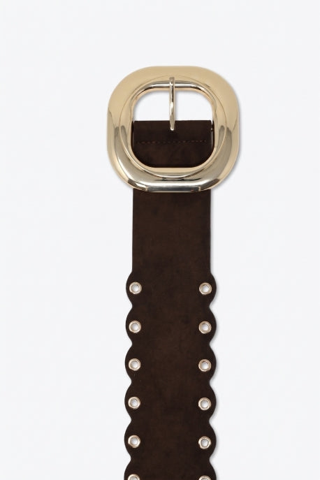 Choco Suede Scallop Edge Gold Buckle Grommet Detail Belt