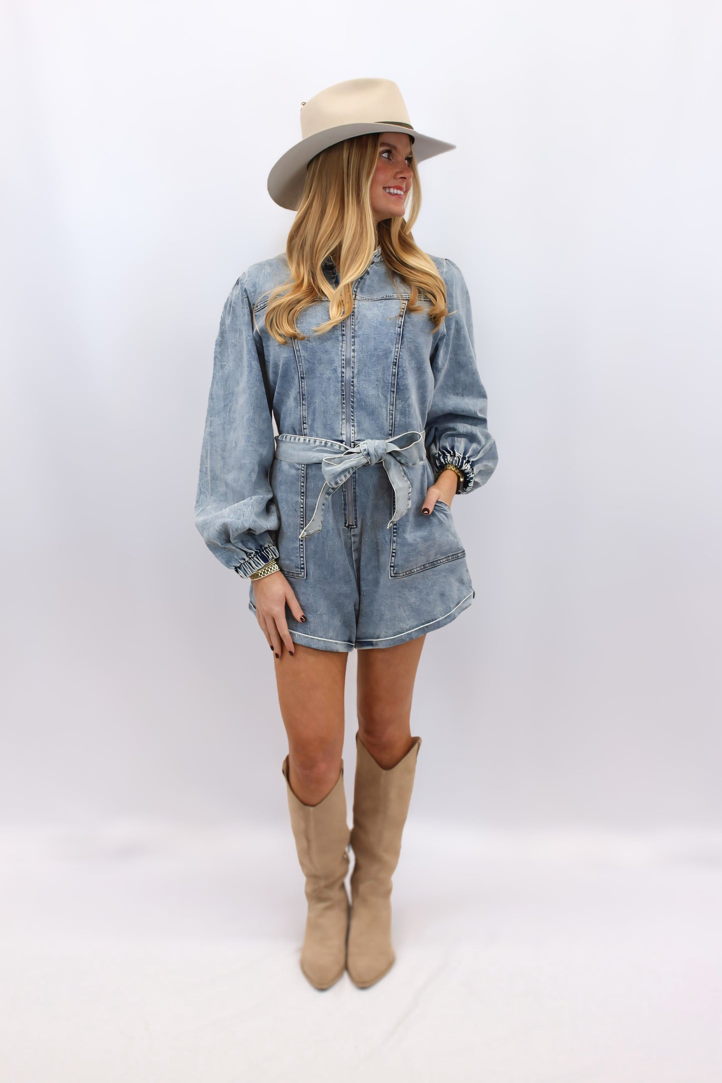 Lindsay Washed Denim Front Zip-Up Romper