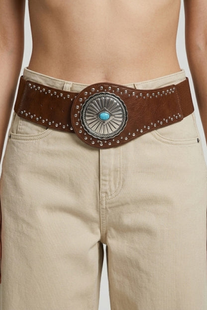 Folley Studded Turquoise Buckle Wide Belt