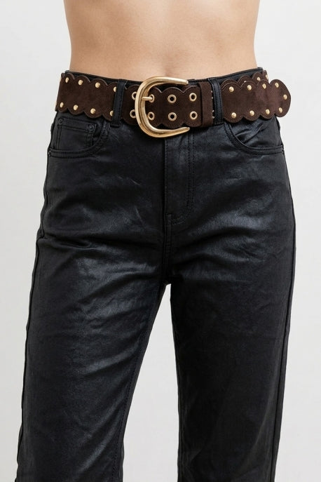 Choco Suede Scallop Edge Gold Buckle Grommet Detail Belt