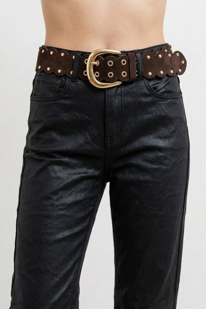 Choco Suede Scallop Edge Gold Buckle Grommet Detail Belt