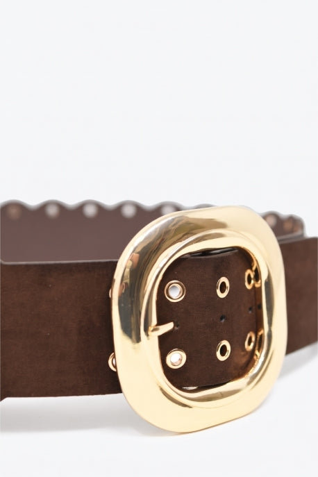 Choco Suede Scallop Edge Gold Buckle Grommet Detail Belt