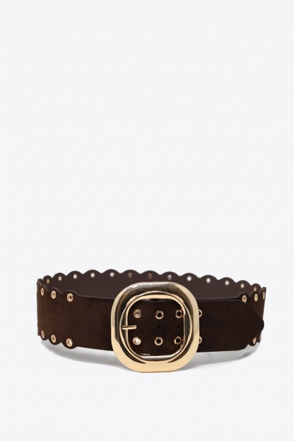 Choco Suede Scallop Edge Gold Buckle Grommet Detail Belt